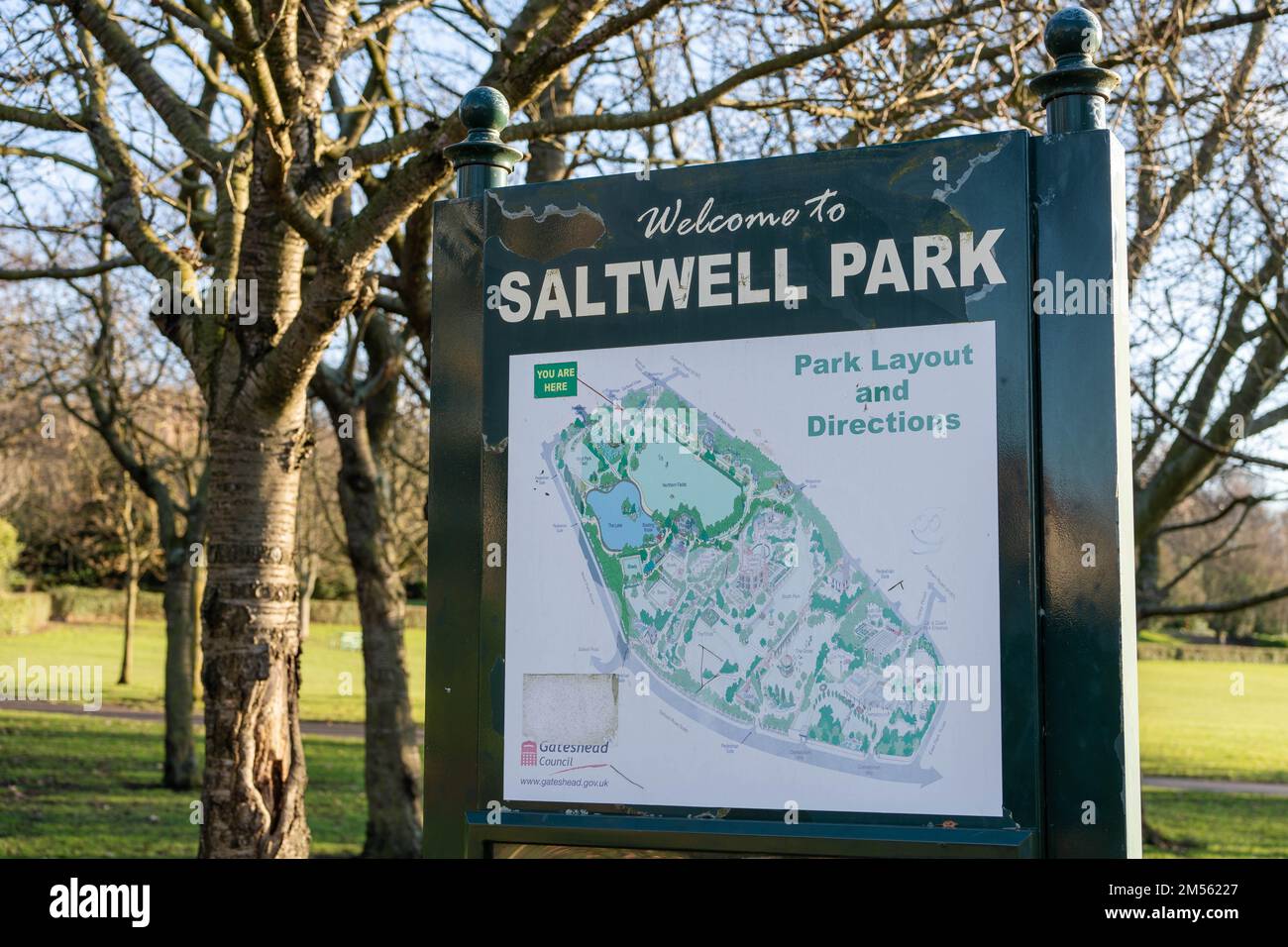 Sign with map at the entrance to Saltwell Park the main public park