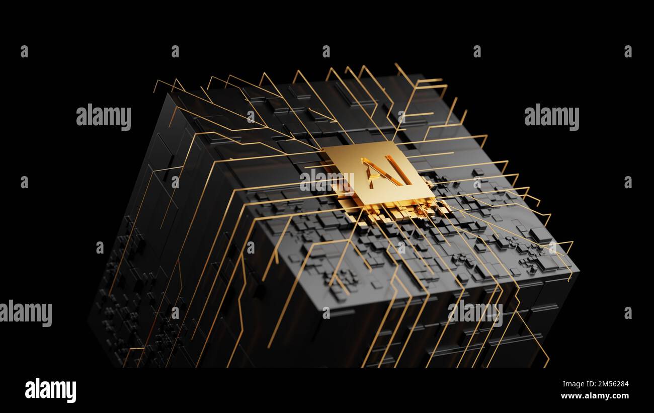 Circuit cube board with gold AI chip. Central Computer Processors CPU concept. 3d rendering, conceptual image. Stock Photo