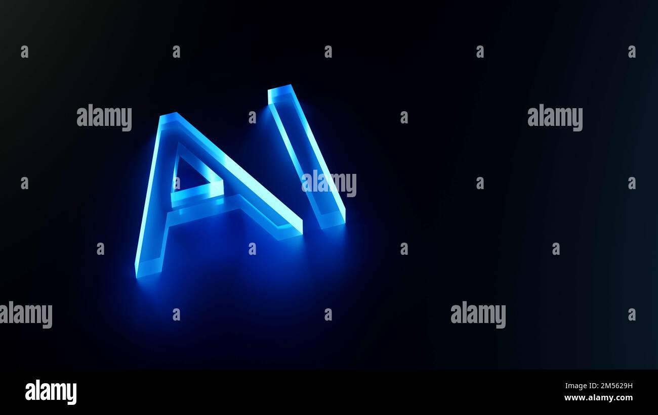 Artificial intelligence Glowing 3d Ai blue glass in black background ...