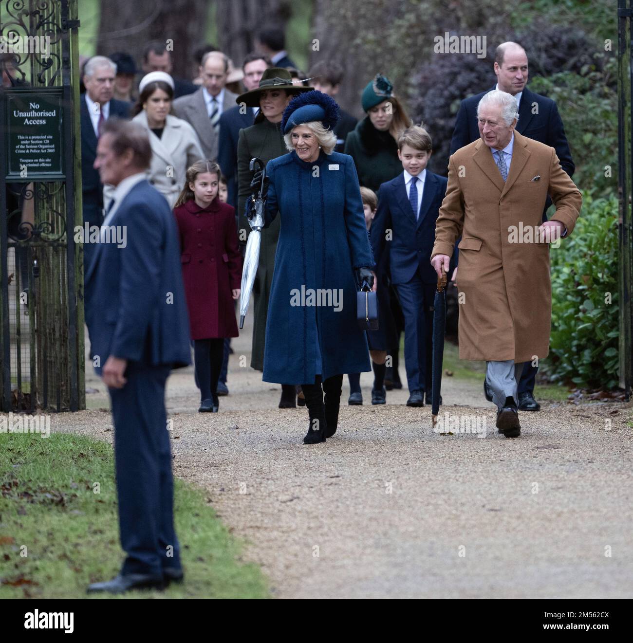 Sandringham, UK. 25 December, 2022. Prince Andrew, Duke of York, Princess Eugenie, Princess Charlotte, Catherine, Princess of Wales, Camilla, Queen Co Stock Photo