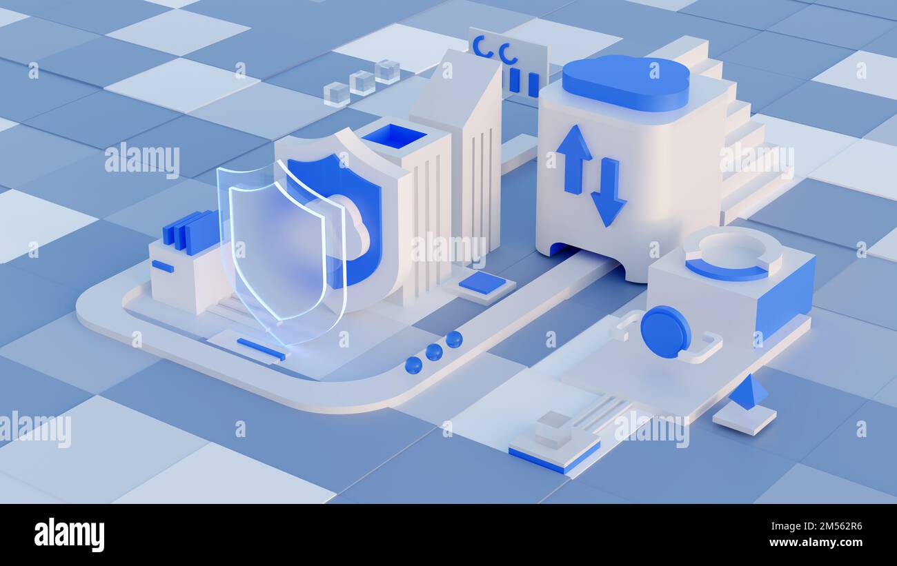Cloud storage for downloading an isometric. A digital service or application with data transmission. Network computing technologies. Futuristic Server Stock Photo