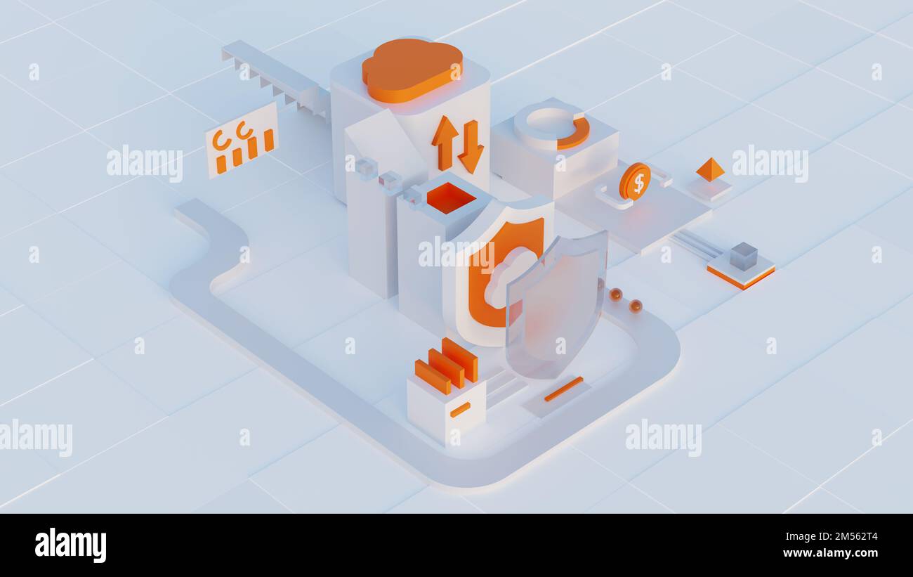 Cloud storage for downloading an isometric. A digital service or application with data transmission. Network computing technologies. Futuristic Server Stock Photo