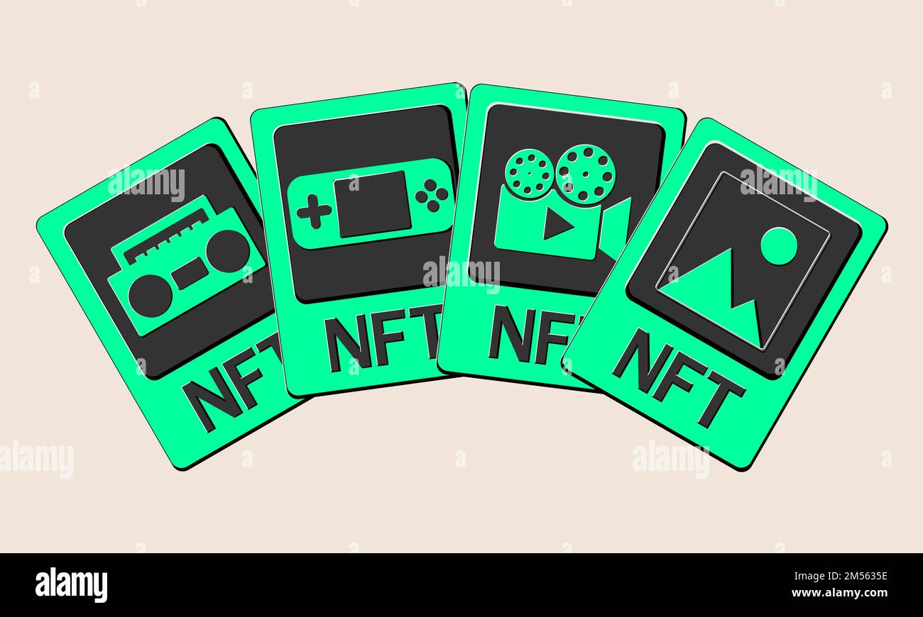 3D NFT token cards in cryptography. NFT cards with game, music, video ...