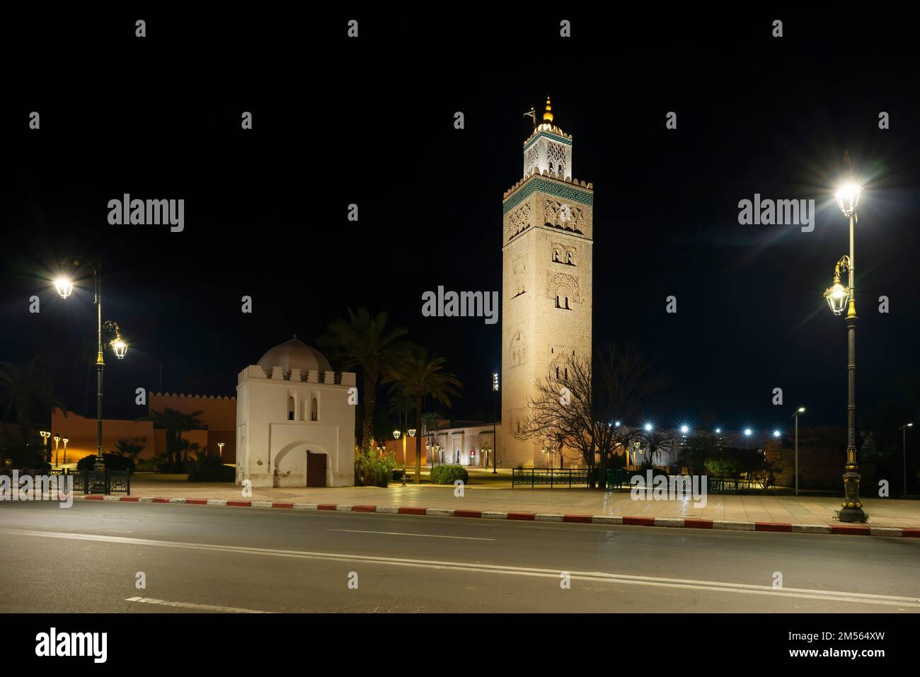 View of the Koutoubia Mosque at night, Marrakech, Morocco Stock Photo
