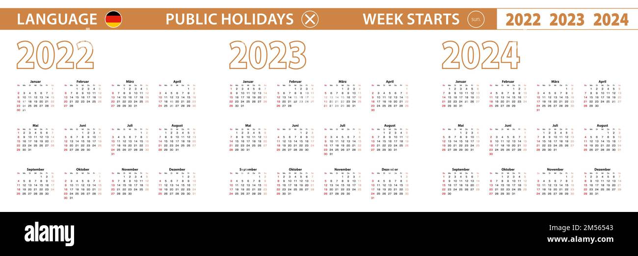 2022, 2023, 2024 year vector calendar in German language, week starts