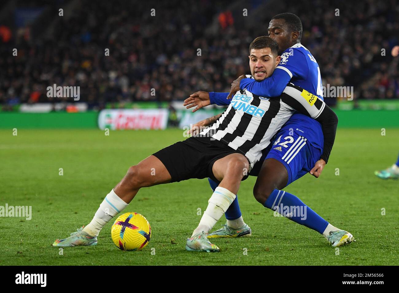 Leicester, UK. 26th Dec 2022. Boubakary Soumare of Leicester City fouls Bruno Guimaraes of Newcastle United during the Premier League match between Leicester City and Newcastle United at the King Power Stadium, Leicester on Monday 26th December 2022. (Credit: Jon Hobley | MI News) Credit: MI News & Sport /Alamy Live News Stock Photo