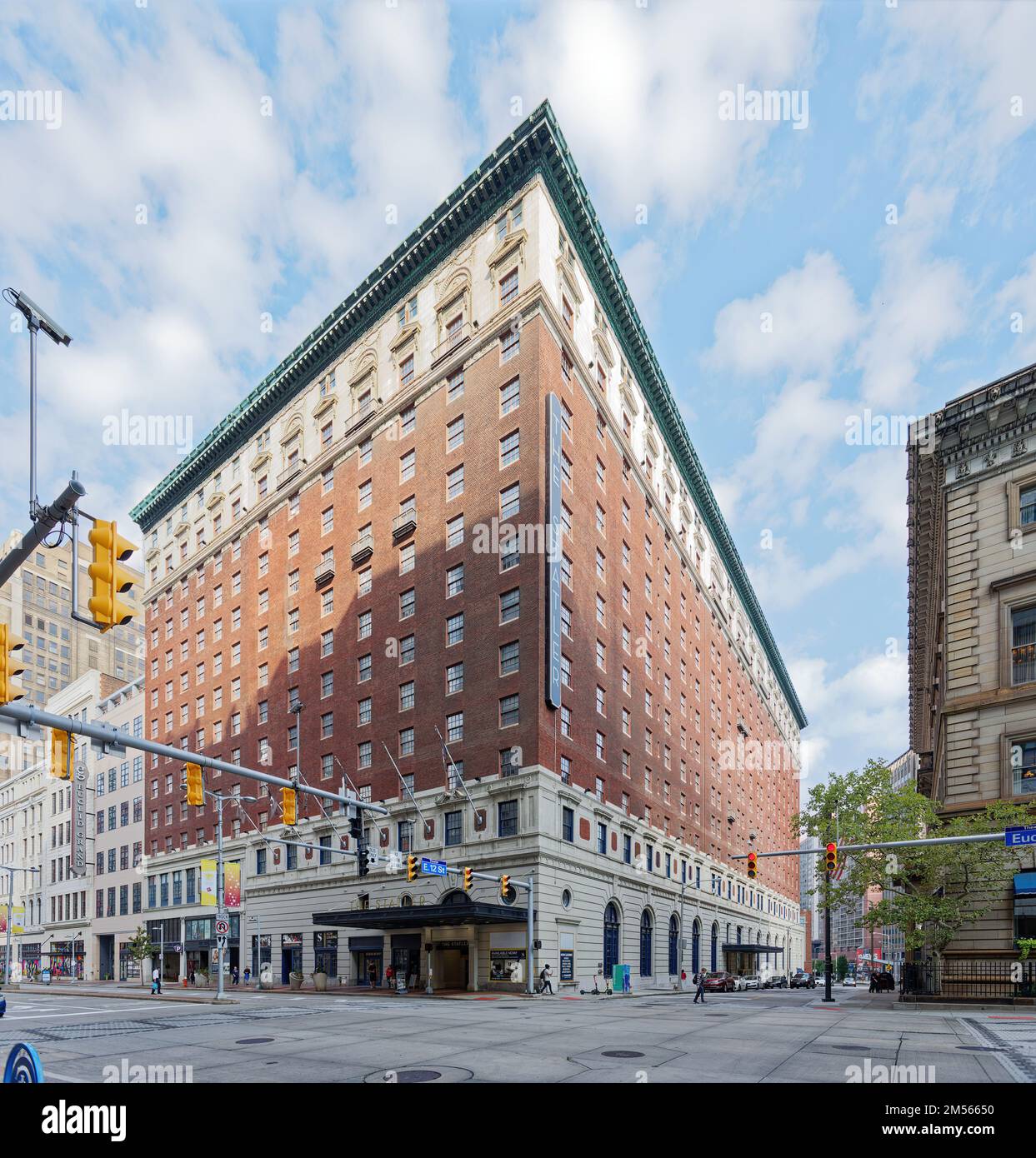 Built in 1912 as Hotel Statler, the brick, stone, and terra cotta high