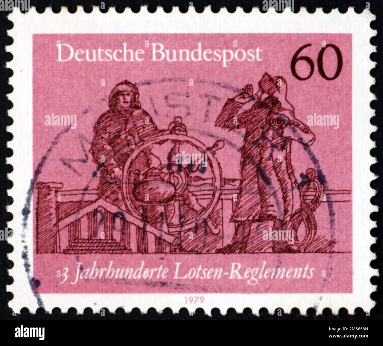GERMANY - CIRCA 1979: a stamp printed in Germany shows pilot on board, three centuries of pilots regulations, circa 1979 Stock Photo