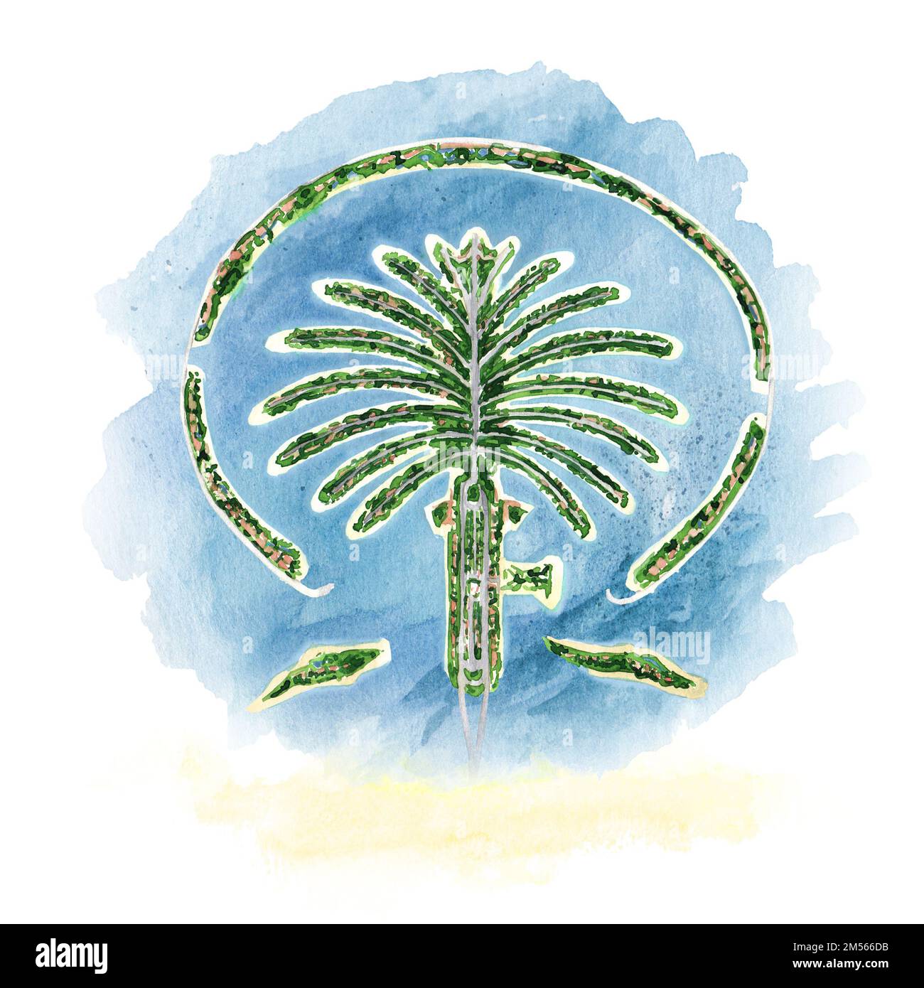 Palm Jumeirah, artificial island, Dubai, United Arab Emirates. Top view. Hand drawn watercolor illustration isolated on white background Stock Photo