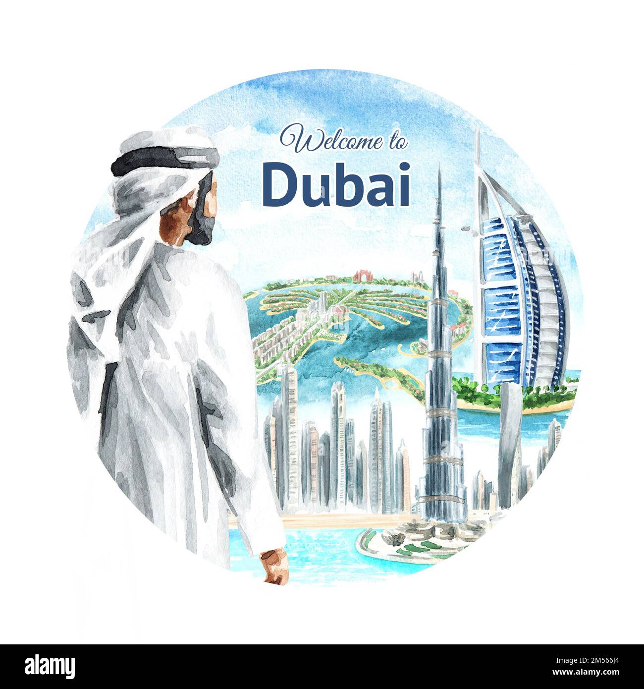 to Dubai concept, United Arab Emirates. Hand drawn watercolor