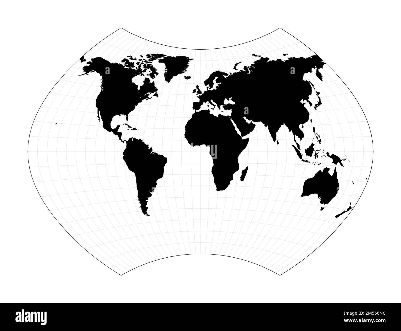 World map with meridians. Ginzburg IX projection. Plan world geographical map with graticlue lines. Vector illustration. Stock Vector