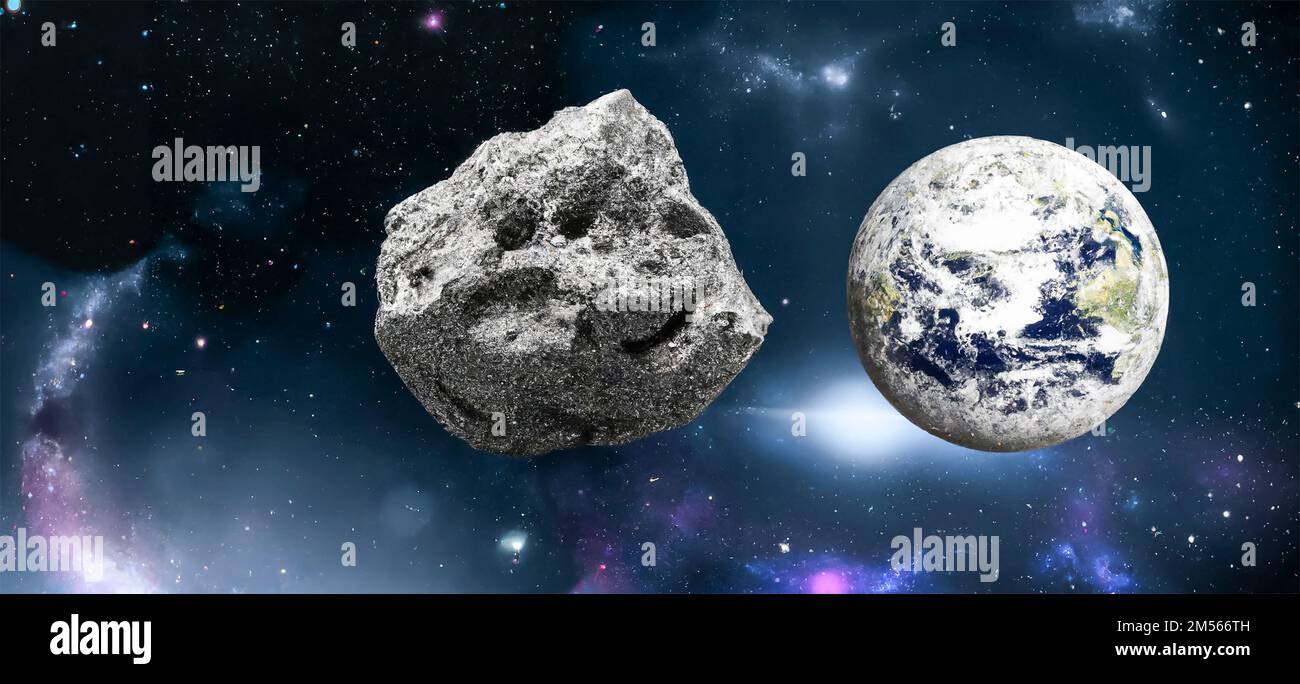 Illustration of a large asteroid in space approaching the Earth Stock Photo