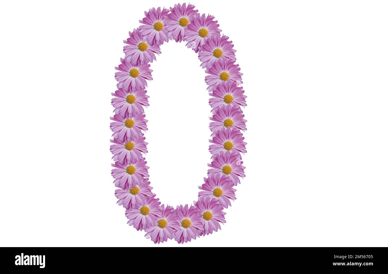 Number zero made with pink flower isolated on white background. Spring concept idea. Stock Photo