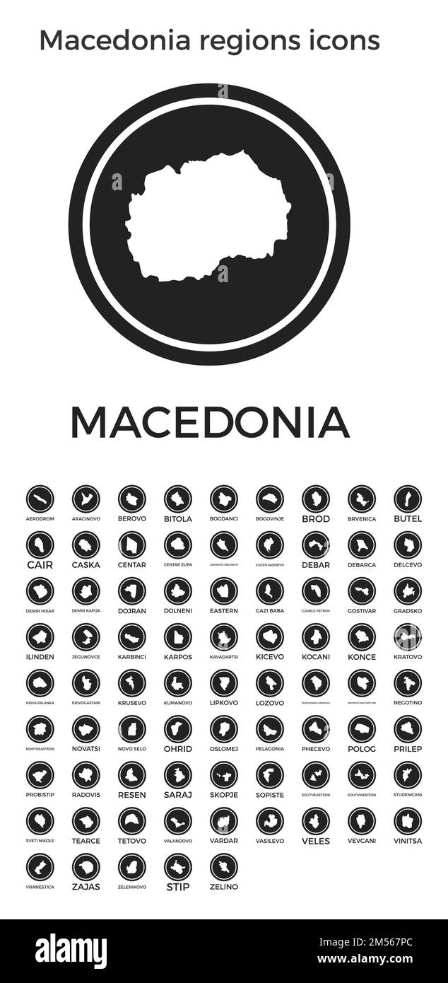 Macedonia regions icons. Black round logos with country regions maps and titles. Vector illustration. Stock Vector