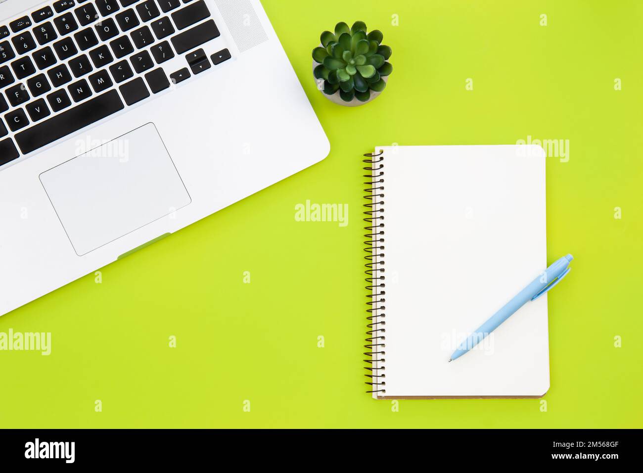 Laptop and blank notepad on green background, flat lay. Stock Photo