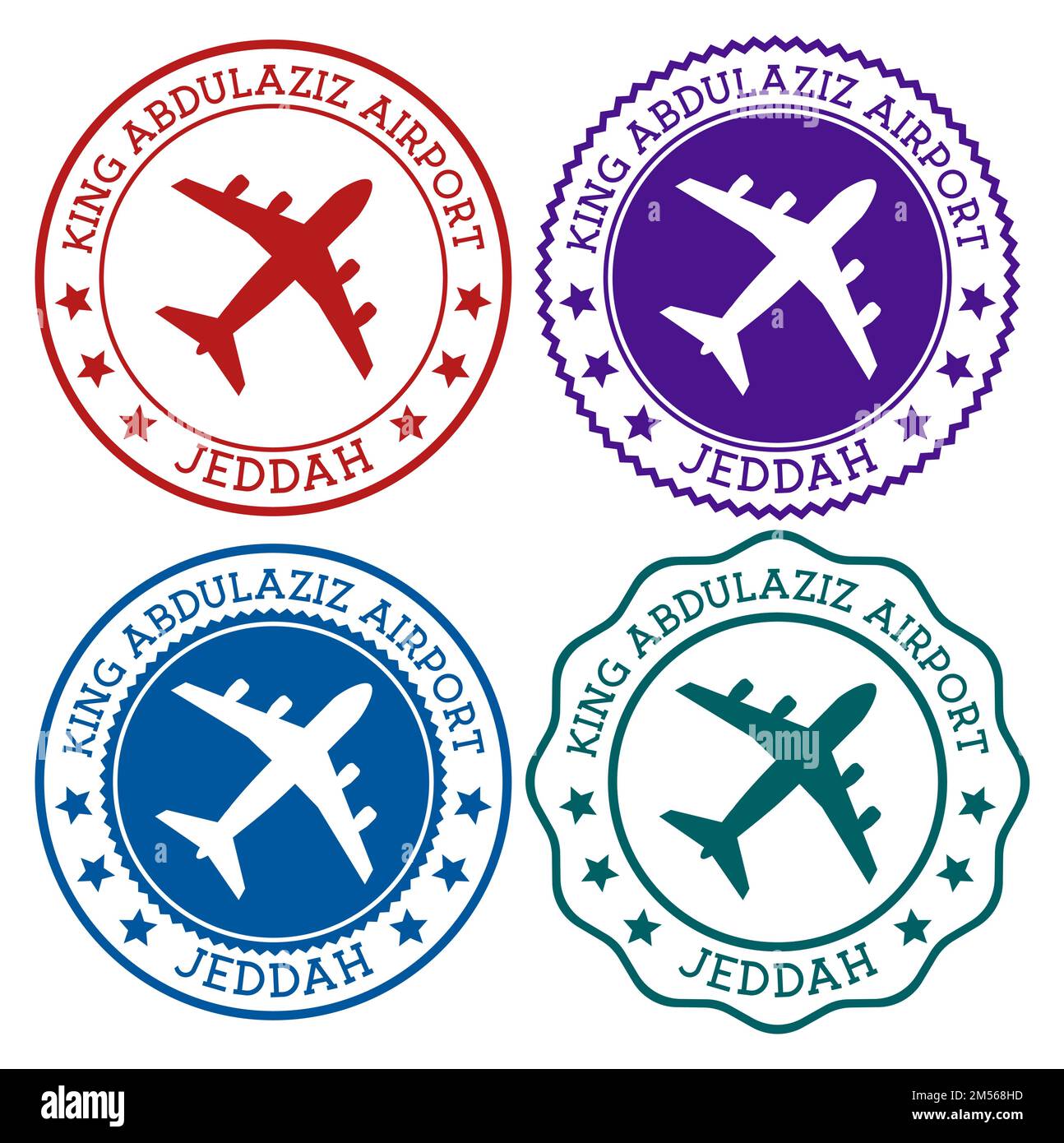 King Abdulaziz Airport Jeddah. Jeddah airport logo. Flat stamps in material color palette. Vector illustration. Stock Vector