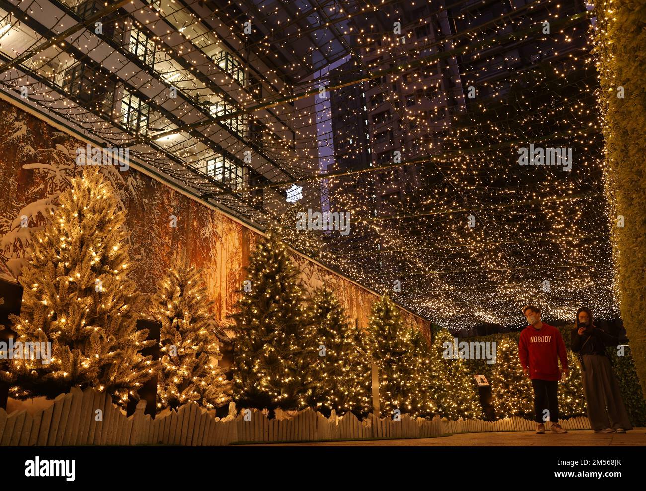 People visit the Lumations Artificial Christmas Tree Market at PMQ Atrium, Central.20DEC22 SCMP /K. Y. Cheng Stock Photo