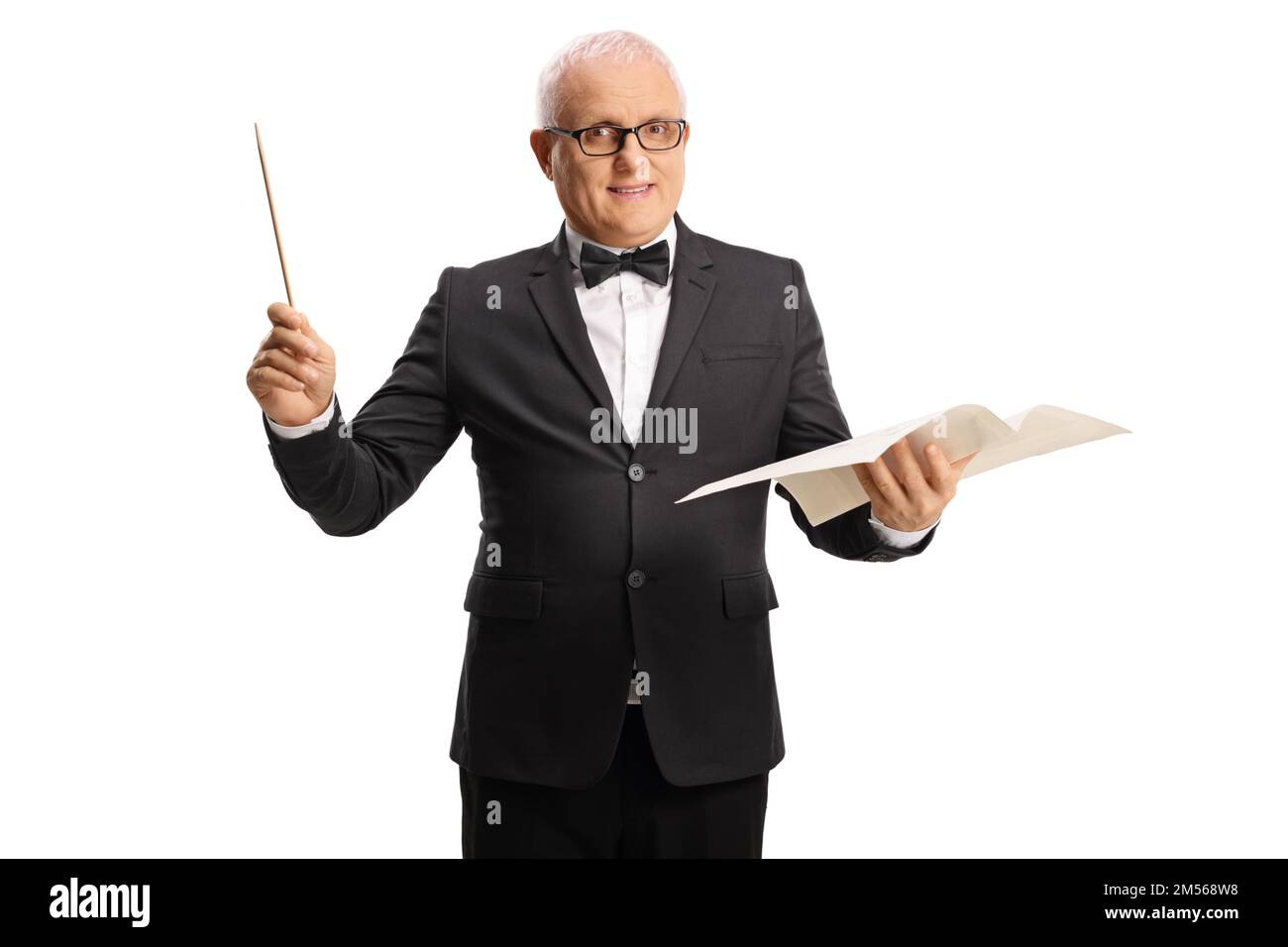 Mature male conductor directing a musical performance isolated on white background Stock Photo