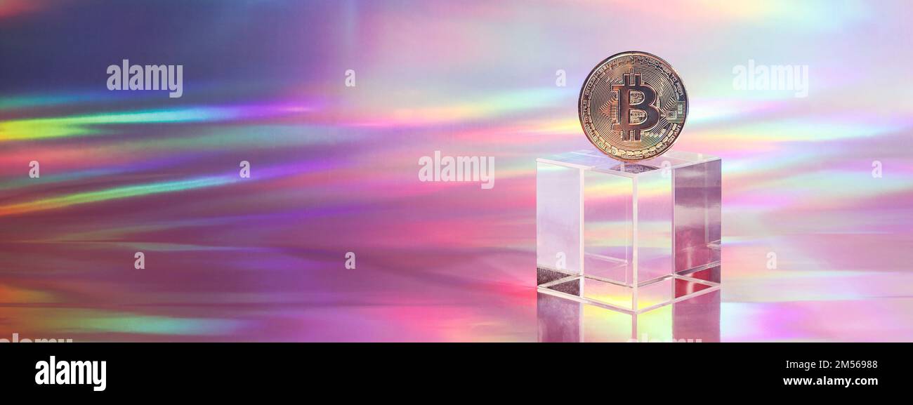 Golden bitcoin coin on podium on holographic, abstract, neon background. digital currency, business style. Mining and trade bitcoin concept. banner Stock Photo