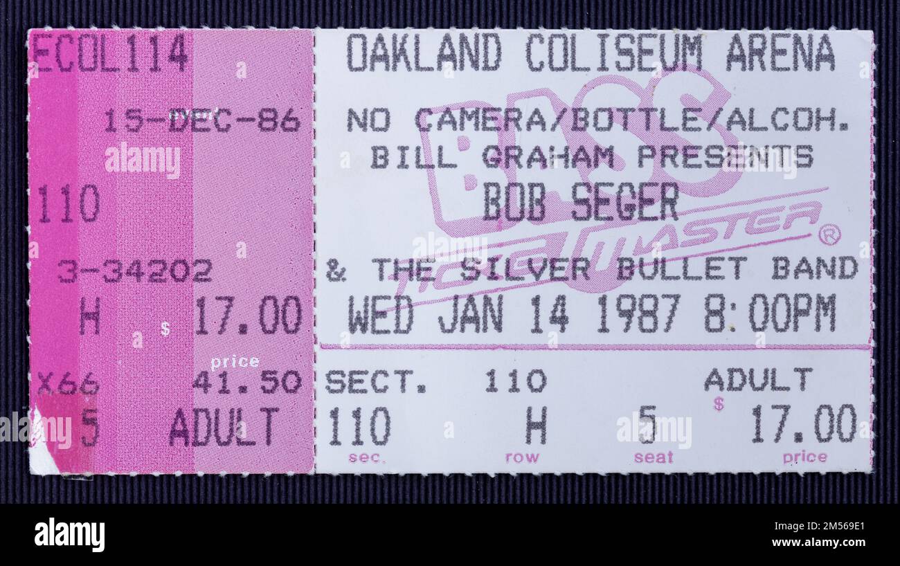 Oakland, California - January 14, 1987 - Old used ticket for the concert of Bob Seger and the Silver Bullet Band at Oakland Coliseum Arena Stock Photo