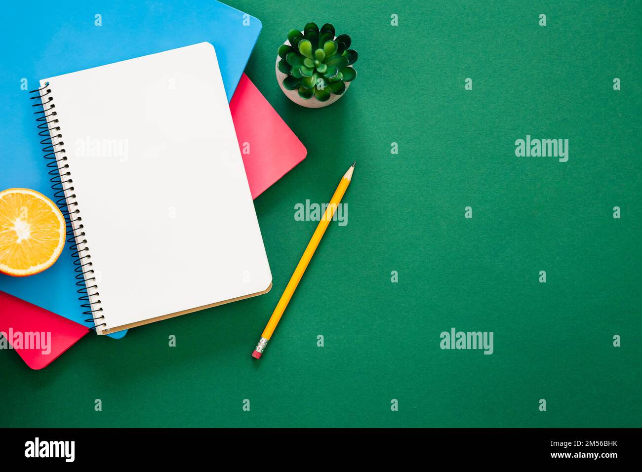 Notebooks on green background, school concept, flat lay. Stock Photo