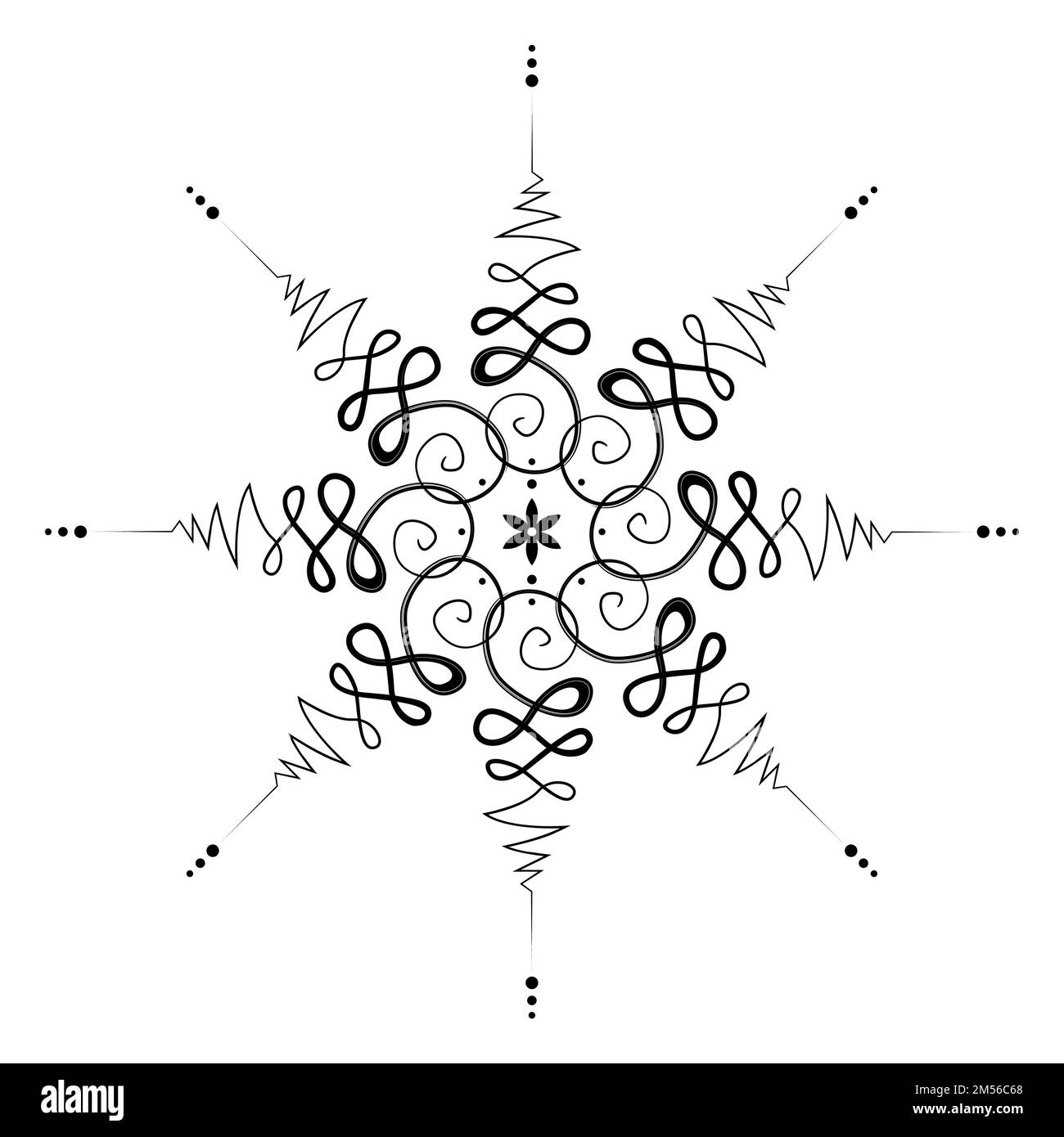 Unalome mandala symbol, flower of life. Hindu or Buddhist sign representing path to enlightenment. Yantras Tattoo icon. Simple black and white ink Stock Vector