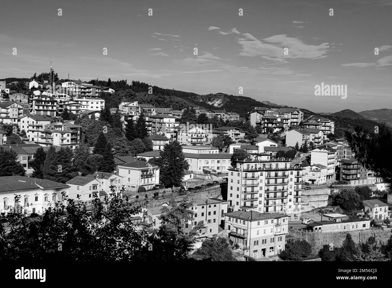 The beautiful cityscape of Moliterno in grayscale in southern Italy