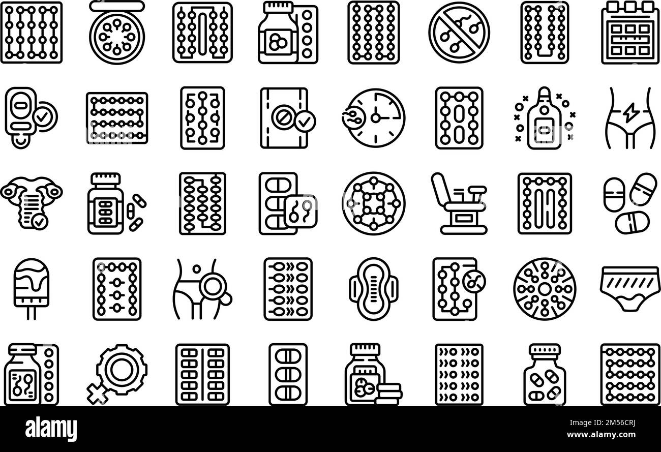 Female oral contraception icons set outline vector. Birth control. Oral pill Stock Vector