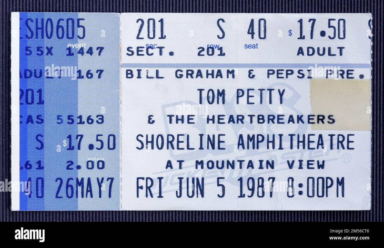 Mountain View, California - June 5, 1987 - Old used ticket for the concert of Tom Petty and the Heartbreakers at Shoreline Amphitheatre Stock Photo