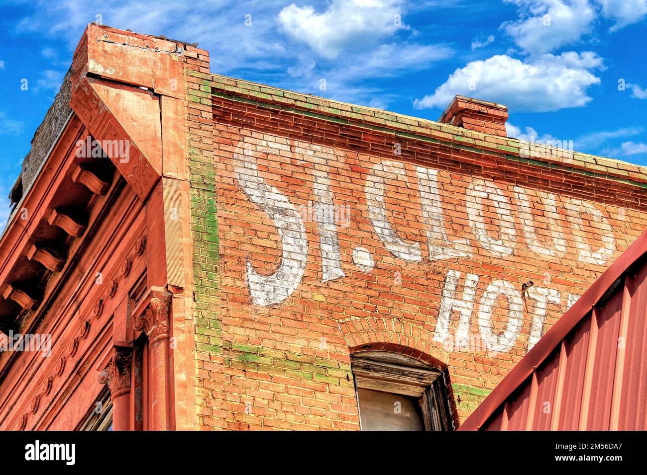 Showing detail of the famous and historic St Cloud Hotel brick building on Manvel Avenue in downtown Chandler Oklahoma on Route 66. Stock Photo