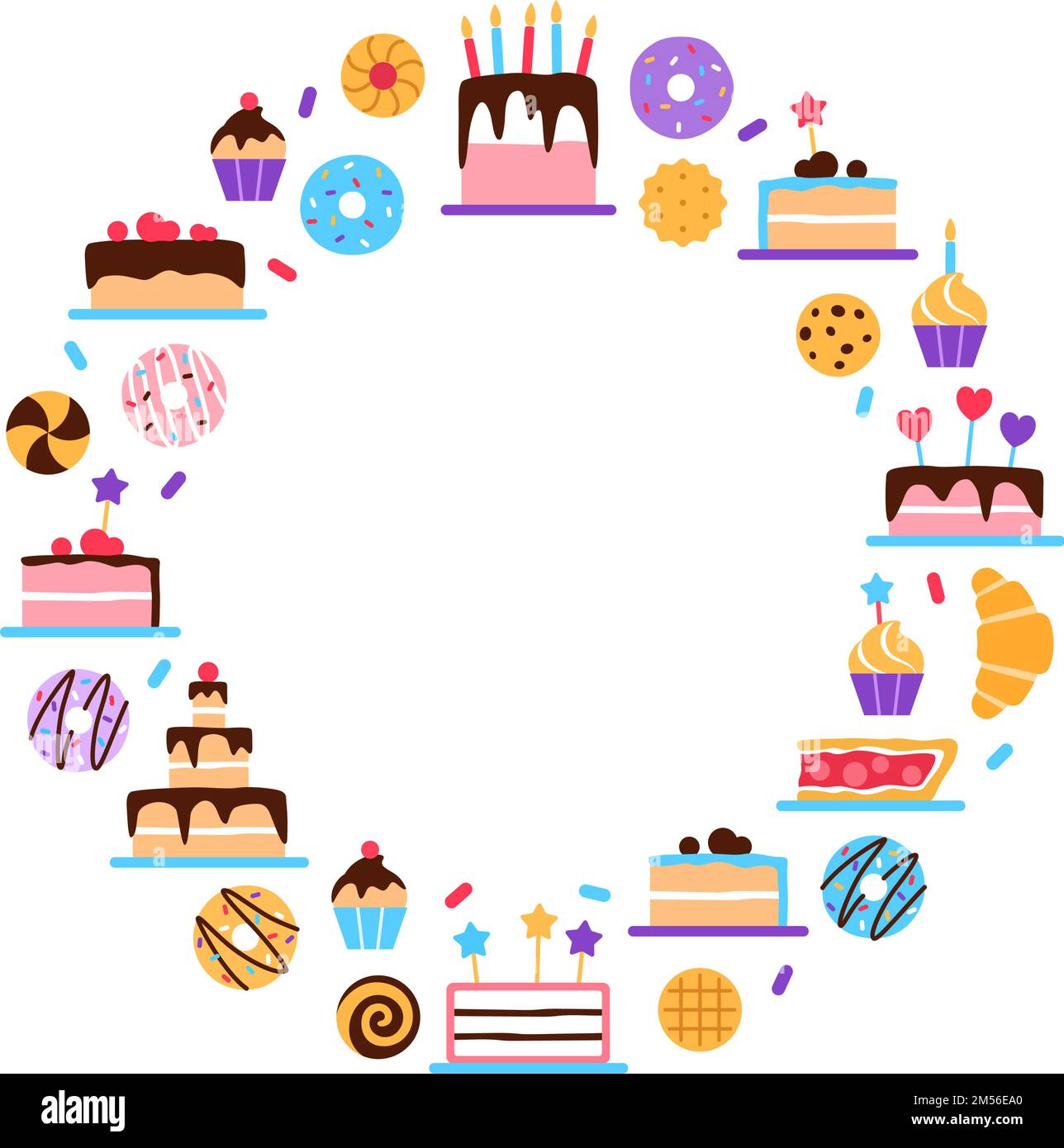 Pastry circle frame concept on white background. Colorful elements border with text space. Pastries patisserie for cafe Stock Vector