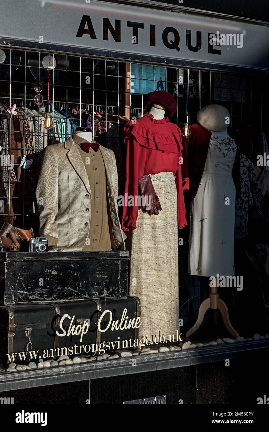Vintage clothes in the the window of Armstrong's vintage clothing store in Edinburgh, Scotland, UK. Stock Photo