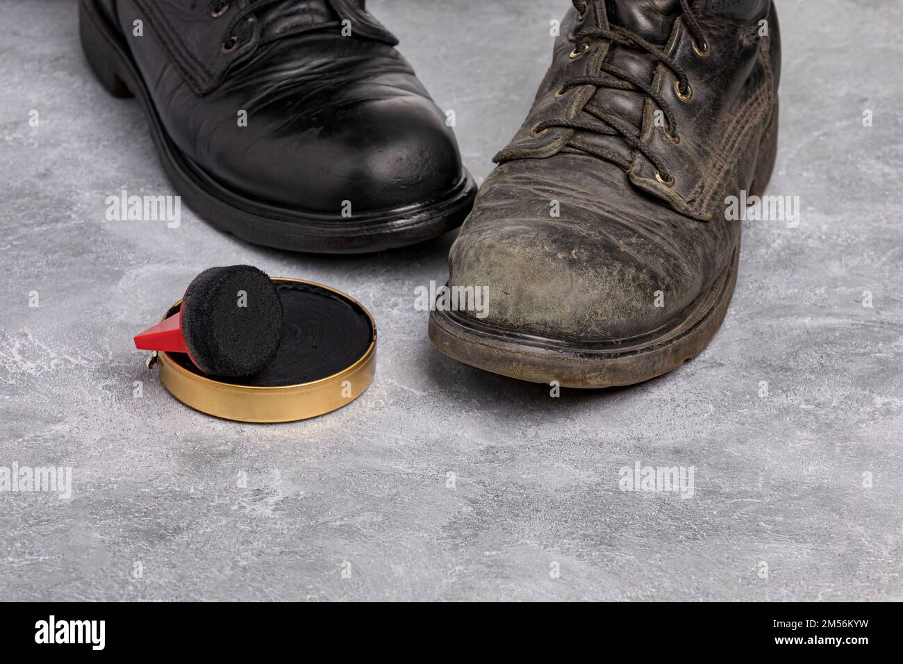 Before and after of polished and dirty leather work boots. Shoe polish, footwear care and
