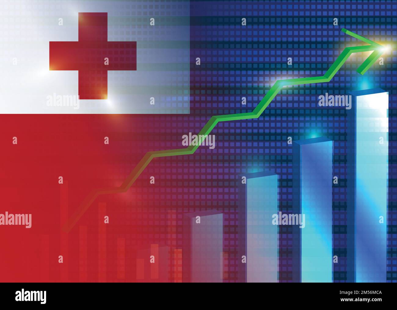 Economic growth in Tonga.Tonga's stock market.Tonga flag with charts