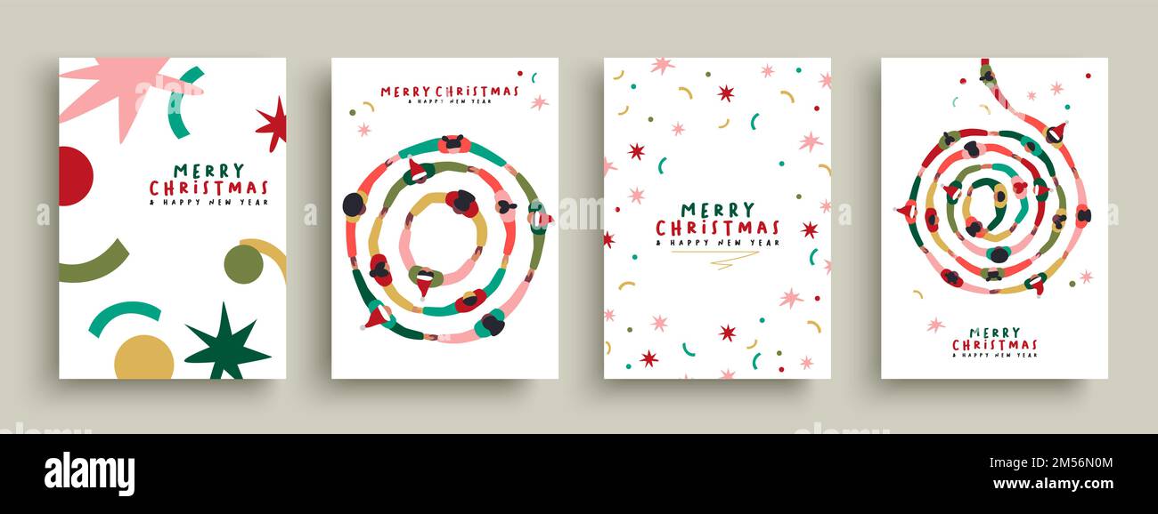 Merry christmas greeting card with big group of people holding hands together making round circle shape collection. Colorful diverse friend team conce Stock Vector