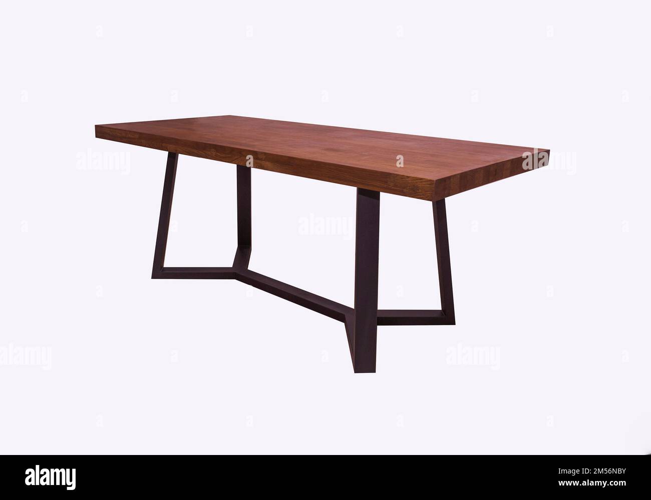 wooden lacquered table with black metal legs on white background Stock