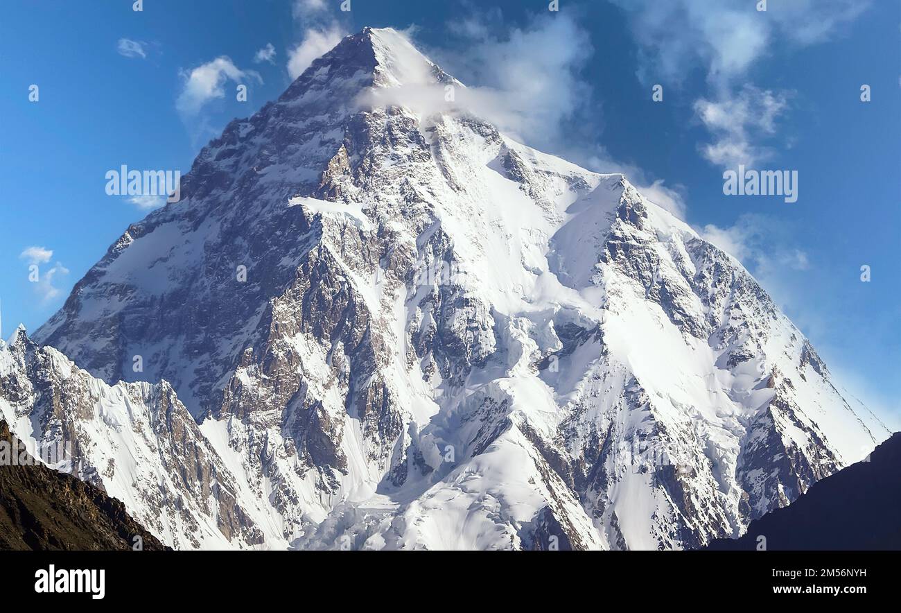 K2, at 8,611 meters above sea level, is the second-highest mountain on Earth, after Mount Everest (at 8,849 meters Stock Photo