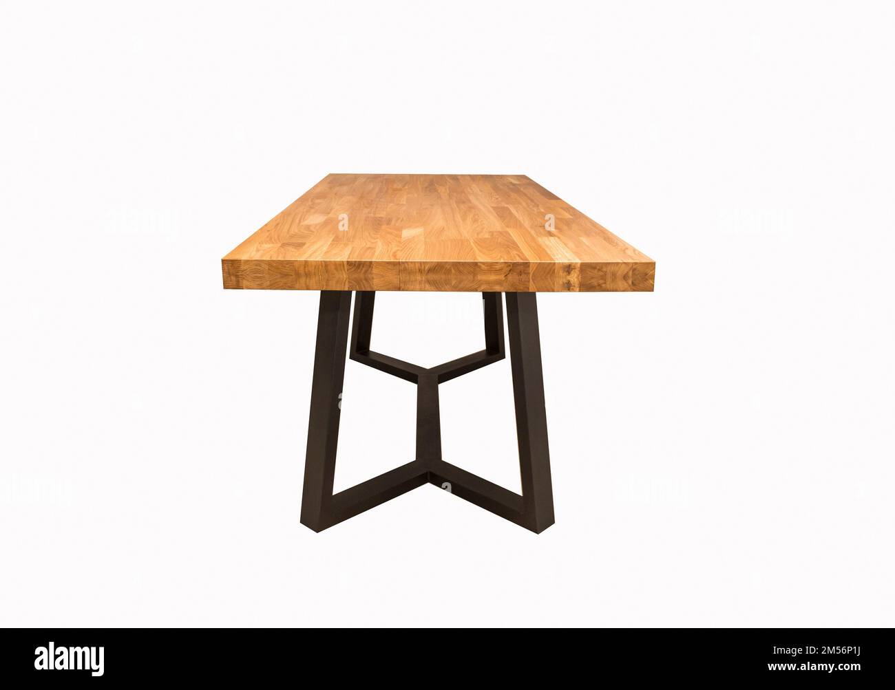 wooden lacquered table with black metal legs on white background Stock