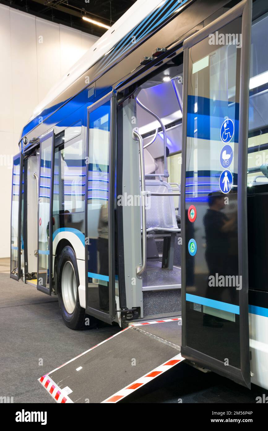 Electric bus vehicle Iveco e-Way on display at the LAT.BUS 2022 show, held in the city of São Paulo. Stock Photo