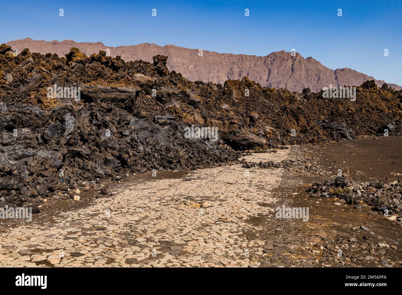 An eruption of the volcano Pico do Fogo in Cape Verde has made the road through the crater impassable, volcanic eruption on the island of Fogo Stock Photo