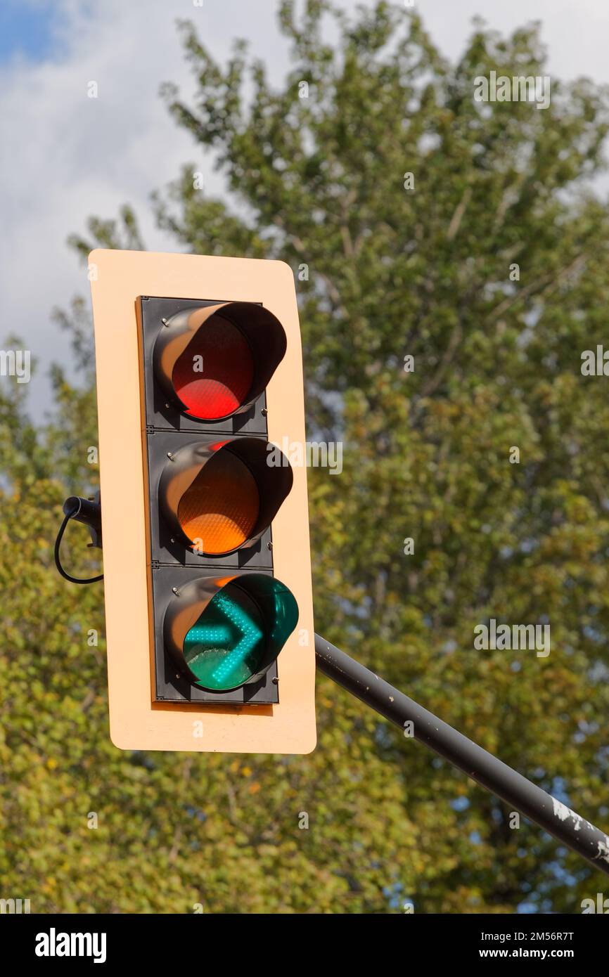 Traffic light with green turn arrow. Montreal,Quebec,Canada Stock Photo