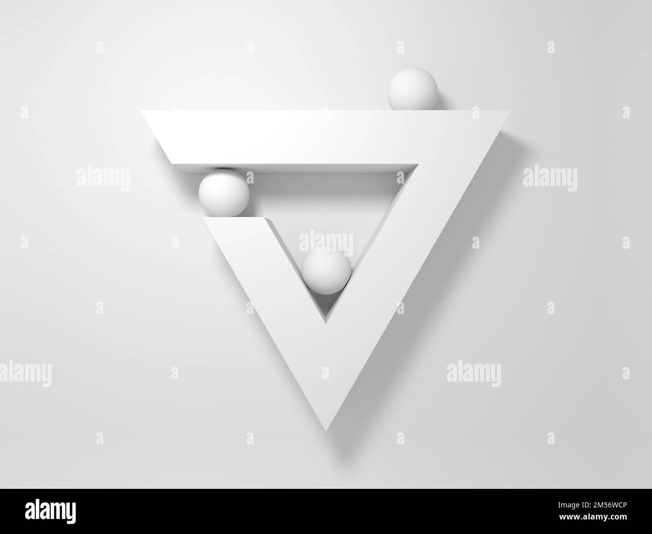 Abstract minimal geometric installlation, Frontal view. Three balls and triangular frame mounted on white wall. 3d rendering illustration Stock Photo
