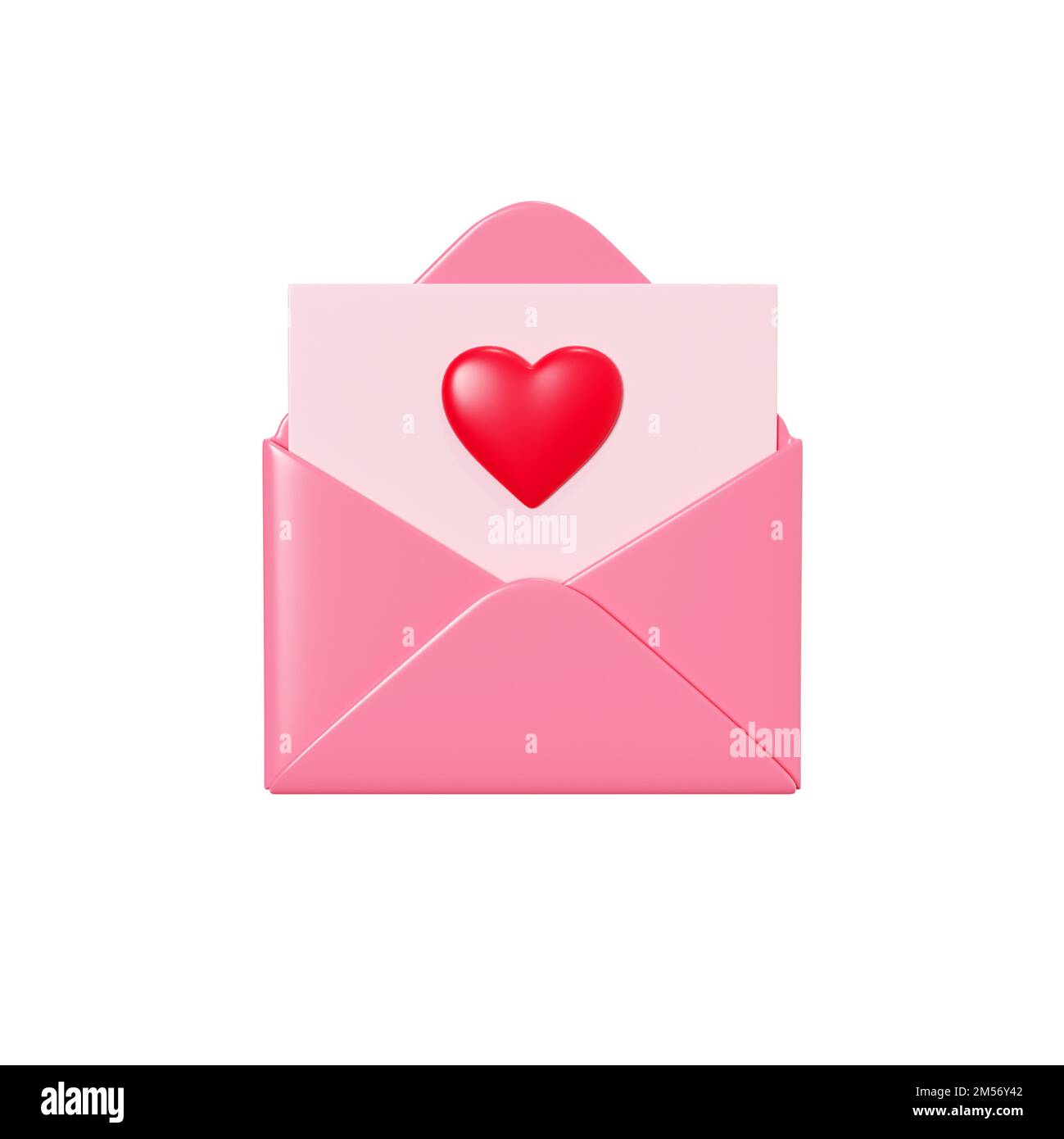 Love letter 3d render - open pink envelope with paper card and red ...