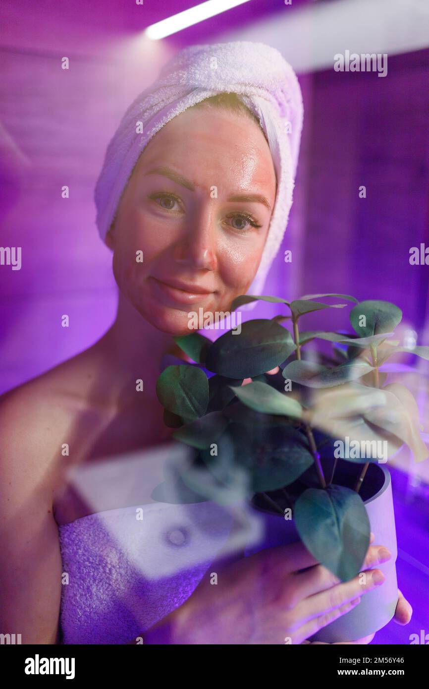 A girl takes care of her face and skin after a shower Stock Photo Alamy