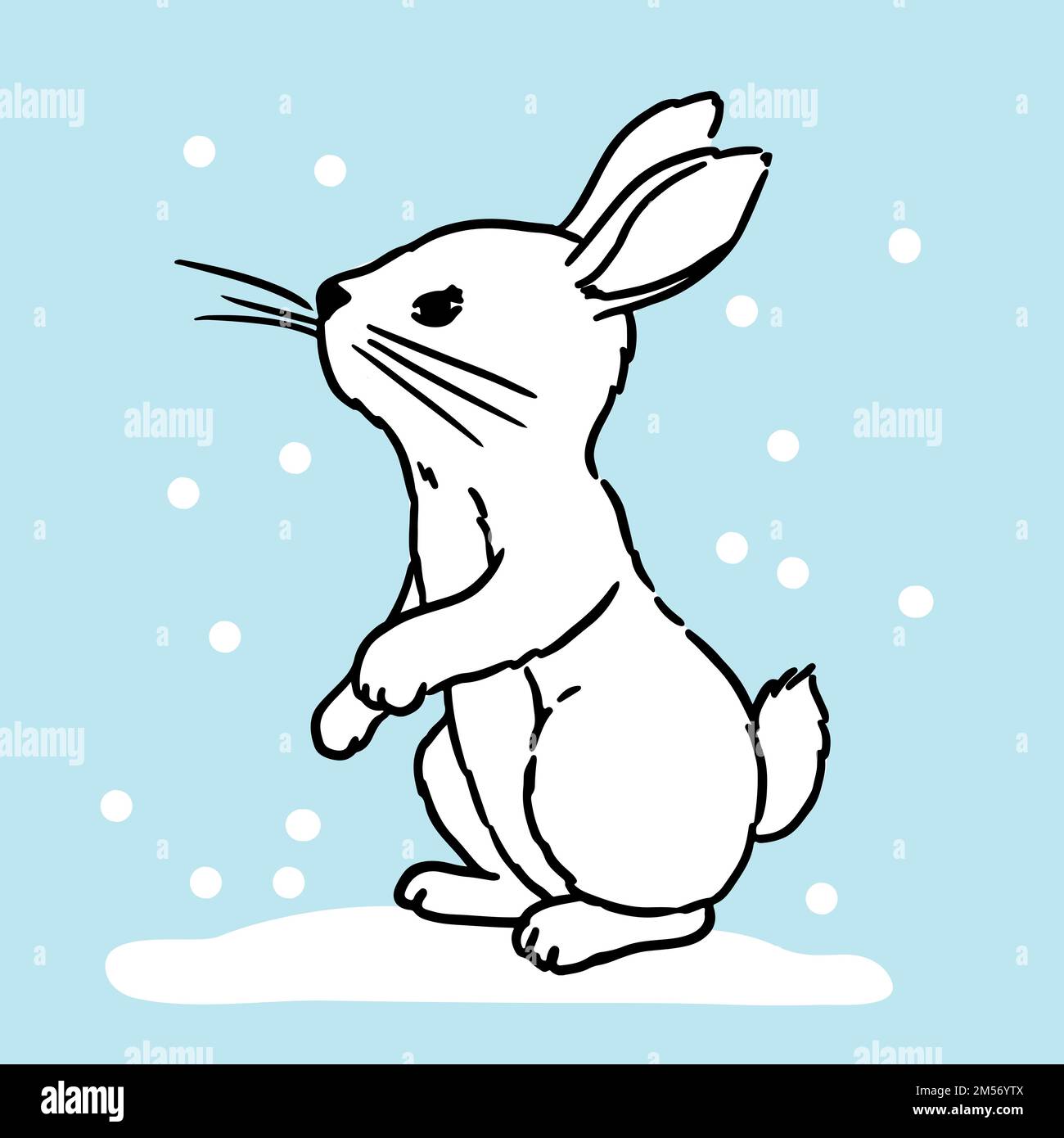 Vector illustration. Cute hand drawn bunny on snow Stock Vector