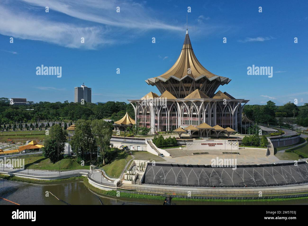 Sarawak New Parliament building with bronze dragon statue in Kuching, Malaysia Photo taken by a drone summer 2022. Stock Photo