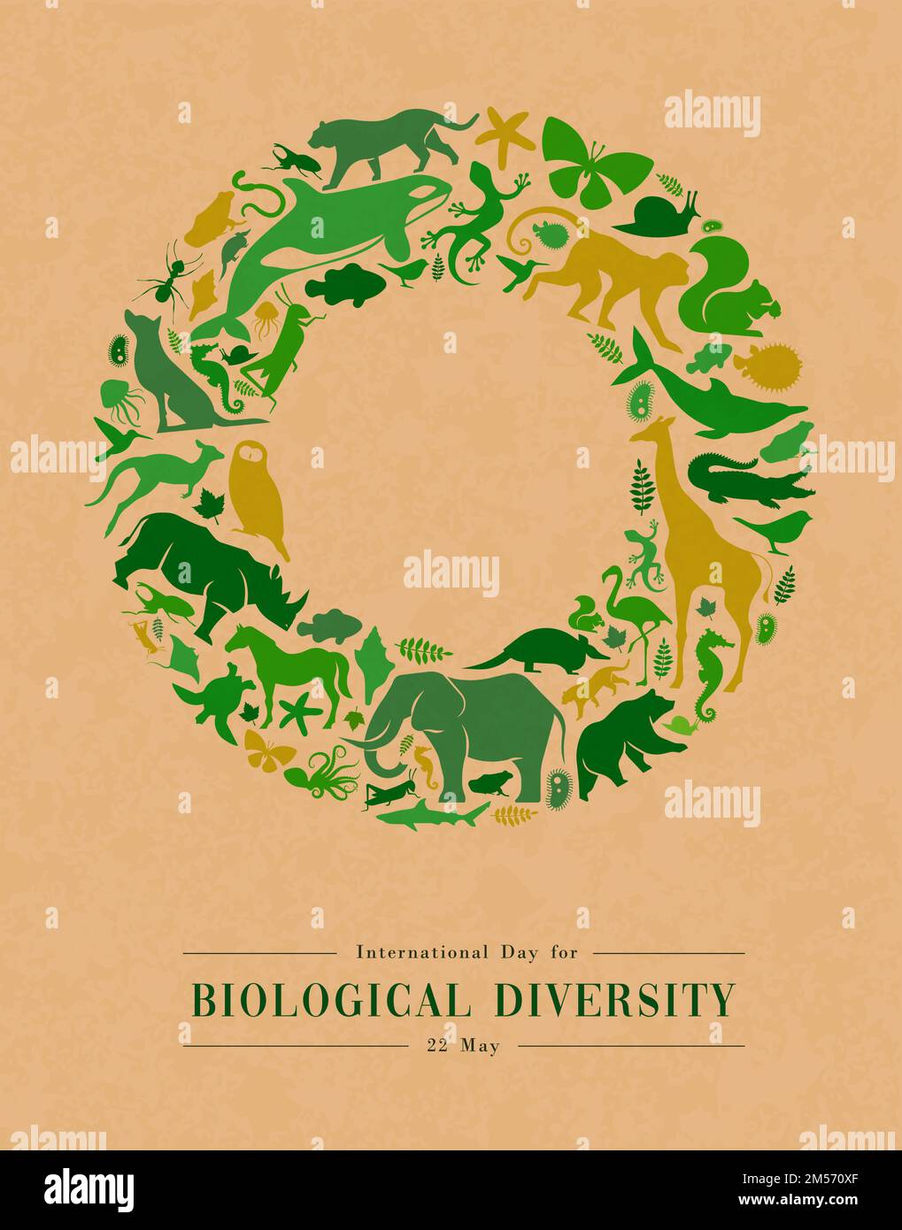 Green animal shape icon set illustration on recycled paper texture. Diverse wild animals silhouette circle frame for eco friendly concept or endangere Stock Vector
