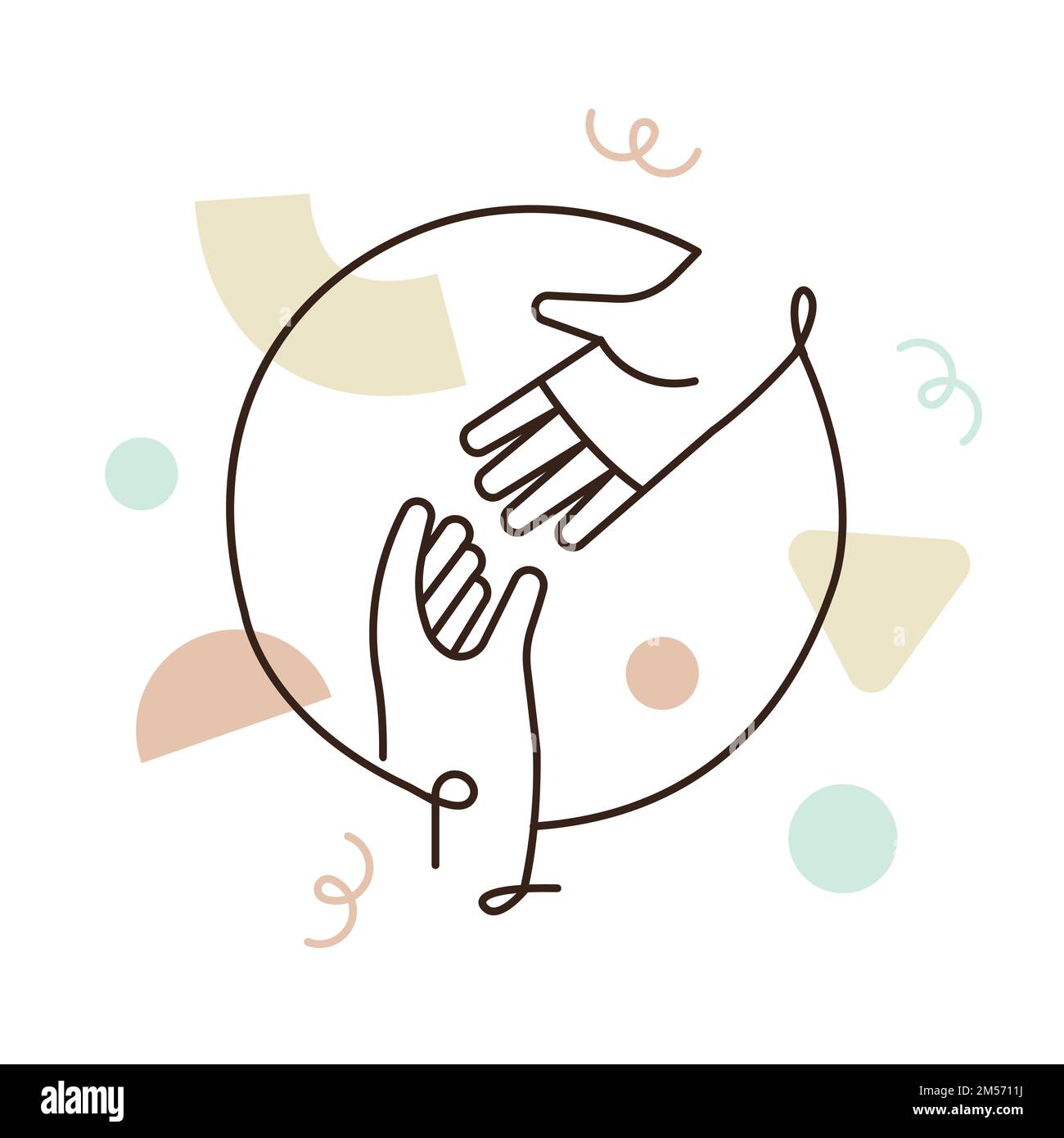 People hands reaching out for each other. Business teamwork idea concept or social help design. Modern flat outline style corporate cartoon. Stock Vector