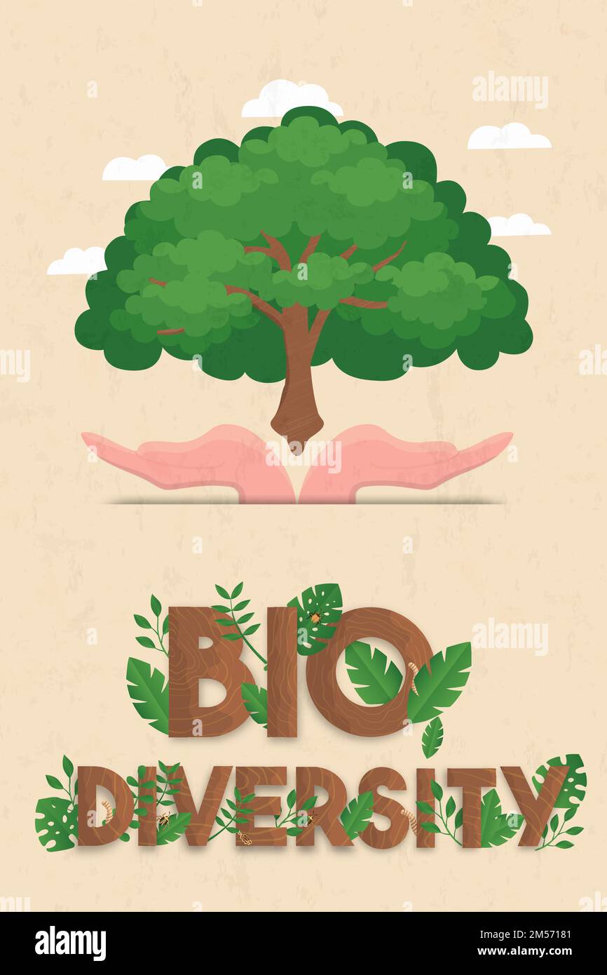 Biodiversity vertical illustration of human hands holding big green tree. Nature care or eco friendly campaign concept. Stock Vector