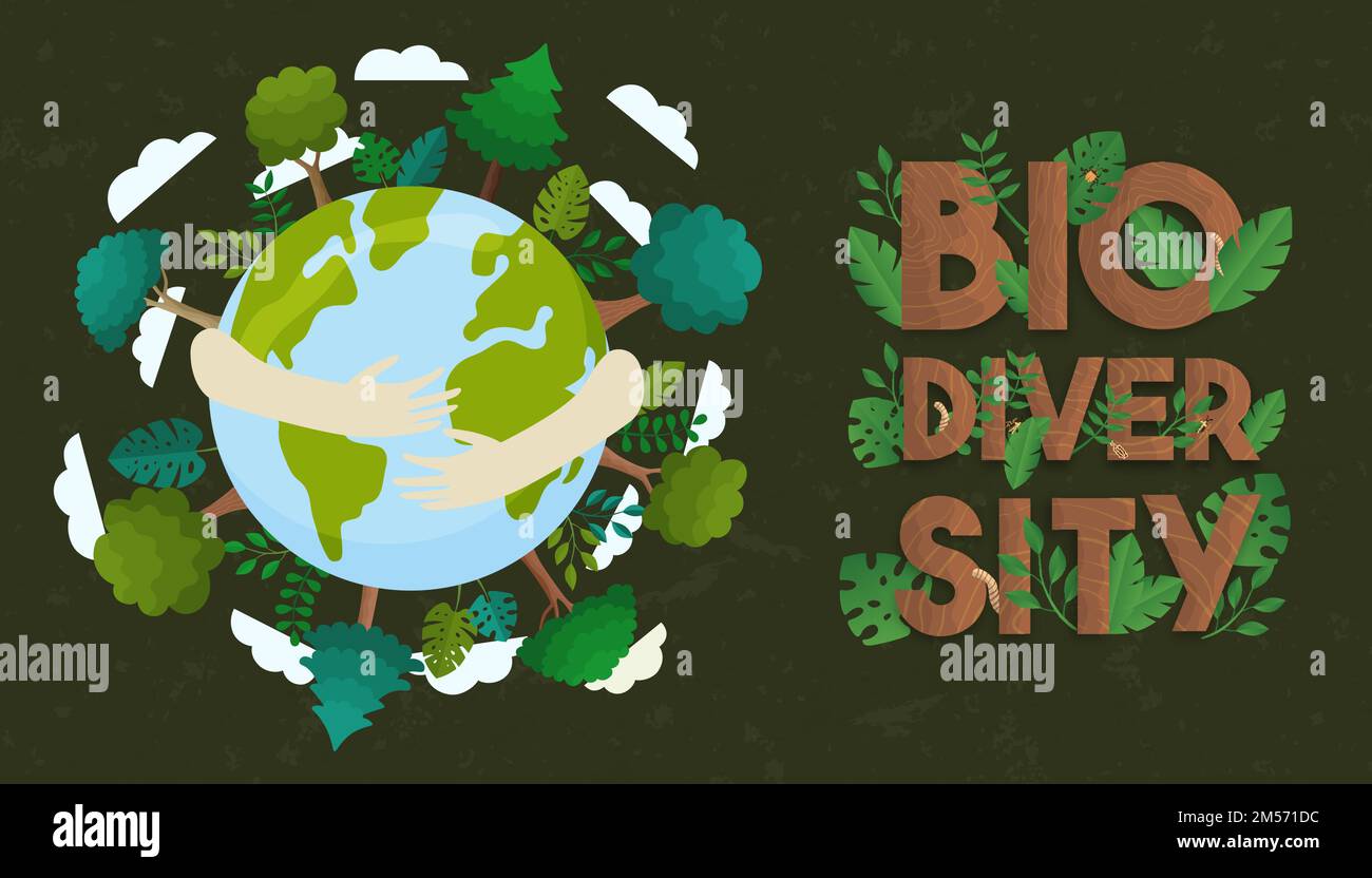 Biodiversity illustration of human hands hugging planet earth with wild plants and green trees. Global nature care or eco friendly campaign concept. Stock Vector
